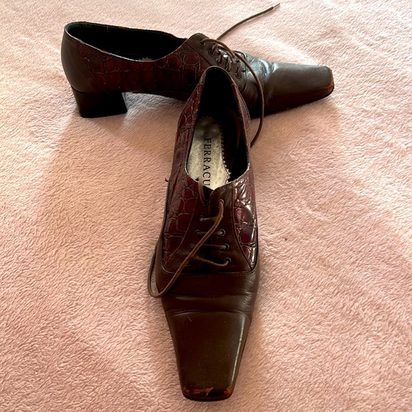 37.5 Made in Italy Leather Shoes Square Toe Low Chunky Heels Laces - Picture 4 of 12